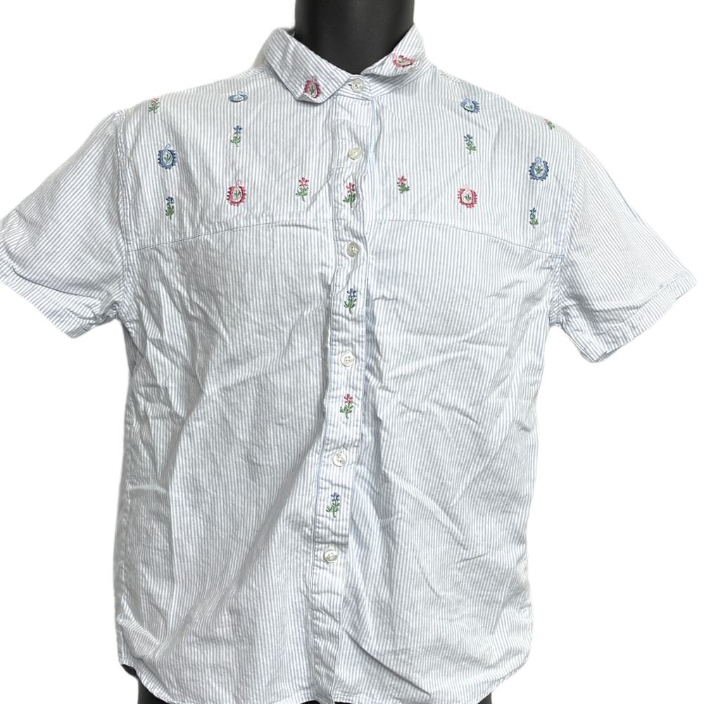 Willow Bay Shirt S Blue White Striped Button Up Embroider Flower Cottage Prairie